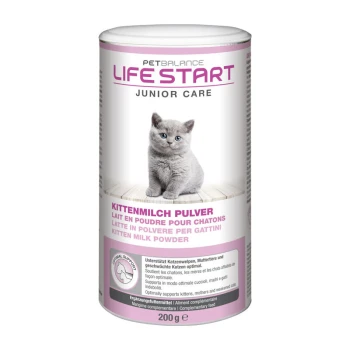 Behälter mit PetBalance Life Start Junior Care Kittenmilchpulver, mit einem grauen Kätzchen auf der Vorderseite, mit Text in mehreren Sprachen.