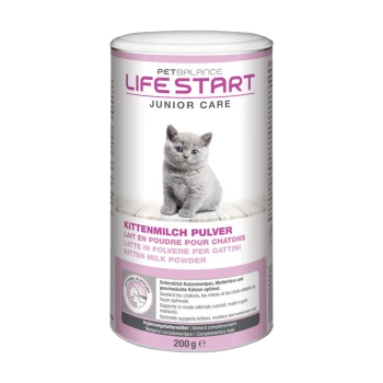 Container of PetBalance Life Start Junior Care Kitten Milk Powder, featuring a gray kitten on the front, with text in multiple languages.