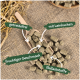 Haustierfutterpellets in einer Holzschaufel auf Jute, beschriftet mit "getreidefrei," "mit Leinkuchen," "fruchtiger Geschmack," und "Ballaststoffe."