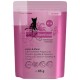 Rosa Beutel von Catz Finefood, beschriftet mit 'N°19', enthält 85g getreidefreies Katzenfutter mit Lamm und Pferd. Hergestellt in Deutschland.