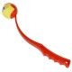 A red ball launcher with a yellow ball at the end, designed for playing fetch with pets.