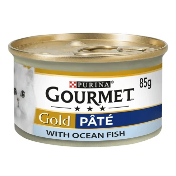 Purina Gourmet Gold Pâté cat food can, 85g, featuring a white cat image and labeled "With Ocean Fish."
