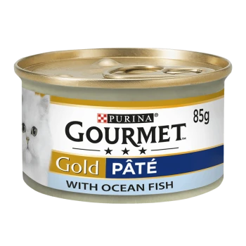 Purina Gourmet Gold Pâté cat food can, 85g, featuring a white cat image and labeled "With Ocean Fish."