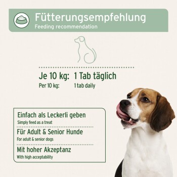 Produktetikett mit Aufschrift „Fütterungsempfehlung / Feeding recommendation“, Foto eines Beagles und „Je 10 kg: 1 Tab täglich / 1 tab daily“