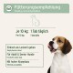 Produktetikett mit Aufschrift „Fütterungsempfehlung / Feeding recommendation“, Foto eines Beagles und „Je 10 kg: 1 Tab täglich / 1 tab daily“
