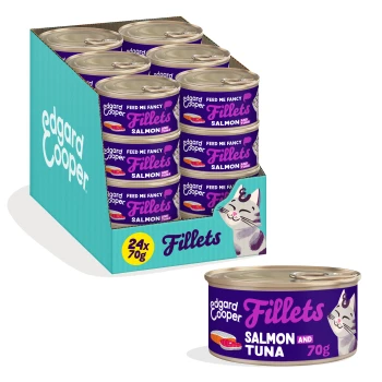 Edgard Cooper Fillets cat food display (24x70g) and single can — Salmon & Tuna, purple label with cat illustration.