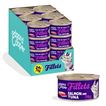 Edgard Cooper Fillets cat food display (24x70g) and single can — Salmon & Tuna, purple label with cat illustration.