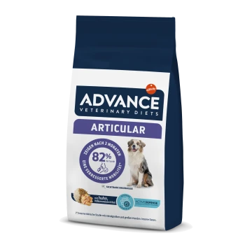 Tüte mit Advance Veterinary Diets Articular Hundefutter, auf der Vorderseite ein glücklicher Hund, mit dem Anspruch, dass die Mobilität nach 2 Monaten um 82 % verbessert wurde.