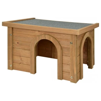 Holzhaustierhaus mit einem grauen strukturierten Dach und gewölbten Eingängen auf beiden Seiten, für den Außenbereich konzipiert.