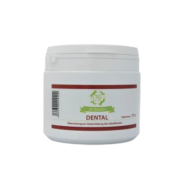 Weißer Behälter mit der Aufschrift "DENTAL" mit grünen und roten Akzenten, enthält eine Pilzmischung zur Unterstützung der Zahngesundheit, Nettogewicht 150 g.