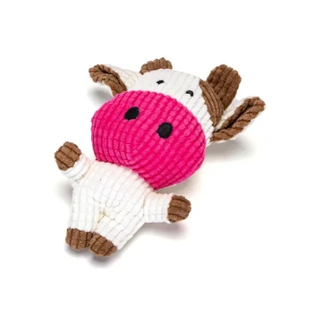 Ein Plüschkühe-Spielzeug mit einem rosa Gesicht, weißem Körper und braunen Hufen und Ohren, entworfen für Haustiere.