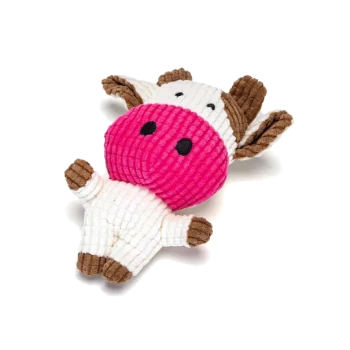 Ein Plüschkühe-Spielzeug mit einem rosa Gesicht, weißem Körper und braunen Hufen und Ohren, entworfen für Haustiere.