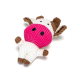 Ein Plüschkühe-Spielzeug mit einem rosa Gesicht, weißem Körper und braunen Hufen und Ohren, entworfen für Haustiere.
