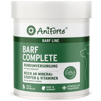 Behälter von AniForte BARF Complete, einem Rundum-Supplement für Haustiere, reich an Mineralien und Vitaminen, hergestellt in Deutschland.