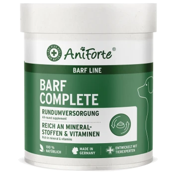 Behälter von AniForte BARF Complete, einem Rundum-Supplement für Haustiere, reich an Mineralien und Vitaminen, hergestellt in Deutschland.