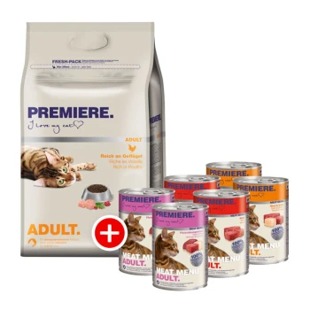 Adult Mischfütterung Set 2tlg. Eine Tüte "ADULT" PREMIERE Katzenfutter mit einem verspielten Katzenbild, plus sechs Dosen "MEAT MENU ADULT" in verschiedenen Geflügelgeschmäckern.