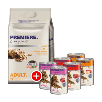Eine Tüte "ADULT" PREMIERE Katzenfutter mit einem verspielten Katzenbild, plus sechs Dosen "MEAT MENU ADULT" in verschiedenen Geflügelgeschmäckern.