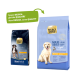Deux sacs de nourriture pour chiens Select Gold : "Light" et "Maxi Adult", présentant un golden retriever et le texte "Nouveau DESIGN, même QUALITÉ."