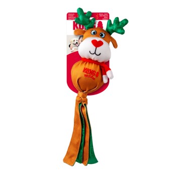 KONG Holiday Reindeer dog toy with green antlers, red scarf, and squeaker, packaged with a dog image on the label.