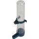 Clear pet water dispenser with a dark blue base and adjustable clamp, designed for easy access to water for pets.