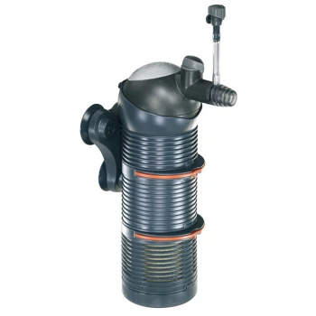 Aquariumfilter mit zylindrischem Design, mit oberem Wassereinlass, verstellbarem Auslass und orangefarbenen Akzenten.