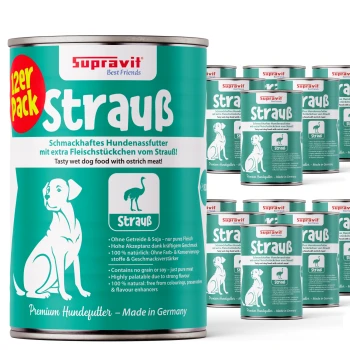 Dosen von Supravit Strauß schmackhaftem Nassfutter für Hunde mit Straußenfleisch, mit Hundeillustration und deutschem Text.