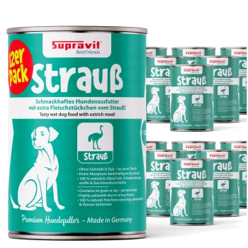 Dosen von Supravit Strauß schmackhaftem Nassfutter für Hunde mit Straußenfleisch, mit Hundeillustration und deutschem Text.
