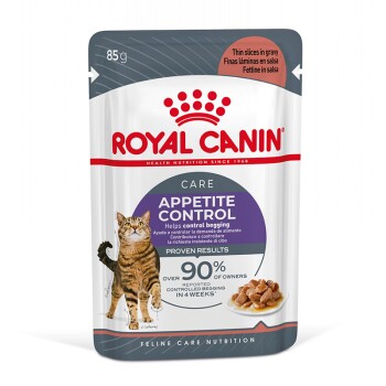 Royal Canin Appetite Control Katzenfutterbeutel, mit einer Abbildung einer getigerten Katze, hebt 'Hilft, das Betteln zu kontrollieren' und 'Bewiesene Ergebnisse' hervor.