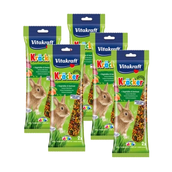 Six packages of Vitakraft Kräcker for rabbits, featuring a rabbit image, with text highlighting "Vegetables & beetroot" and "Sugar free recipe."