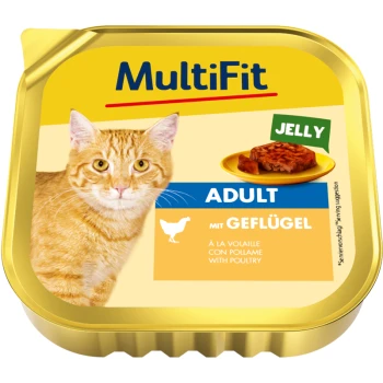 Verpackung für Katzenfutter mit einer roten Katze, beschriftet mit "MultiFit" und "JELLY" sowie "ADULT mit Geflügel", was auf Geflügelgeschmack hinweist.