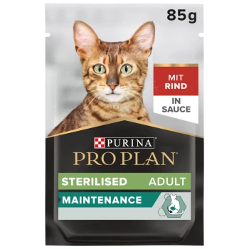 Purina Pro Plan Katzenfutterbeutel mit einer Bengal-Katze, beschriftet mit "Sterilised Adult Maintenance" und dem Text "Mit Rind in Sauce", 85g.