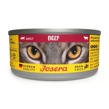 Nassfutter Katze, Adult, Rind 12x85 g Eine Dose Josera Katzenfutter mit einer Nahaufnahme der Augen einer Katze, beschriftet mit "Rind" und "Erwachsene", mit "Anti-Haarball" und "Getreidefrei" Text.