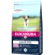 Eukanuba getreidefreies Welpen-Trockenfutter in einer Tasche mit einem laufenden Hund, beschriftet für kleine und mittelgroße Rassen, 3 kg, reich an Meeresfisch.