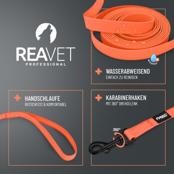 REAVET Professional orange wasserabweisende Hundeleine; Handschlaufe (rutschfest & komfortabel), Karabinerhaken mit 360°-Drehgelenk