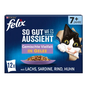 Felix Katzenfutterverpackung zeigt eine verspielte Katze und liest "So gut wie es aussieht" mit Geschmäckern: Lachs, Sardine, Rind und Huhn.