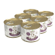 Sechs Dosen Betty's Landhausküche Katzenfutter, jeweils 200g, mit einem Aufreißdeckel und Etiketten, die "Monoprotein" und "Für Katzen" hervorheben.