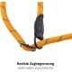 Nahaufnahme einer leuchtend gelben Hundeleine mit grauen Streifen und einem schwarzen Ledergriff, mit dem Text: "flexible Zugbegrenzung verhindert Zuschnüren."