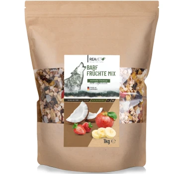 Ein 1 kg Beutel REAVET BARF Früchte Mix für Haustiere, mit einer Wolfsgrafik und Bildern von Kokosnuss, Apfel, Erdbeeren und Banane.