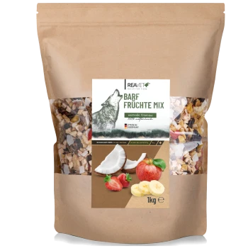 Ein 1 kg Beutel REAVET BARF Früchte Mix für Haustiere, mit einer Wolfsgrafik und Bildern von Kokosnuss, Apfel, Erdbeeren und Banane.