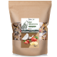 Ein 1 kg Beutel REAVET BARF Früchte Mix für Haustiere, mit einer Wolfsgrafik und Bildern von Kokosnuss, Apfel, Erdbeeren und Banane.