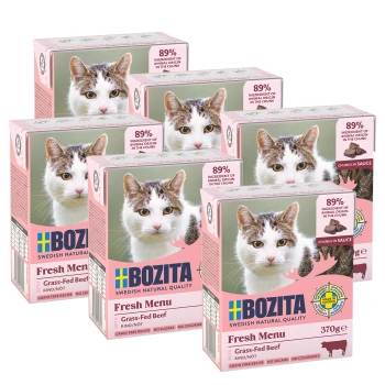 Fünf Schachteln Bozita Fresh Menu Katzenfutter, mit grasgefüttertem Rindfleisch, mit 89% Zutaten tierischen Ursprungs in Stücken, jeweils 370g.