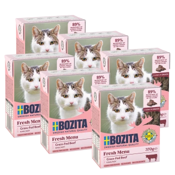 Fünf Schachteln Bozita Fresh Menu Katzenfutter, mit grasgefüttertem Rindfleisch, mit 89% Zutaten tierischen Ursprungs in Stücken, jeweils 370g.