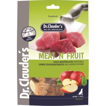 Meat'n'Fruit Apfel & Hühnchen Snack 80g Dr. Clauder's Fleisch- und Obst-Hundefutterverpackung mit Fleischstücken, Äpfeln und einem Messer, beschriftet mit 100% natürlich, ohne Zuckerzusatz.