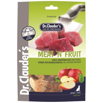 Emballage de nourriture pour animaux de compagnie Dr. Clauder contenant des morceaux de viande, des pommes et un couteau, étiqueté 100 % naturel, sans sucre ajouté.