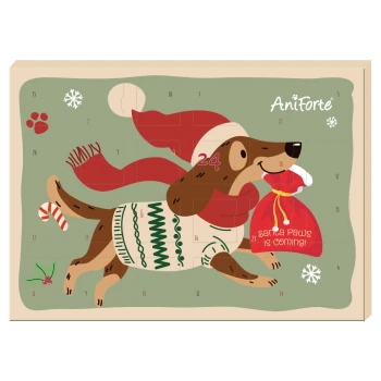 Ein festlicher hundethemen Adventskalender mit einem verspielten Hund in einem grünen Pullover, mit dem Text "paw-some christmas" und "AniForte."