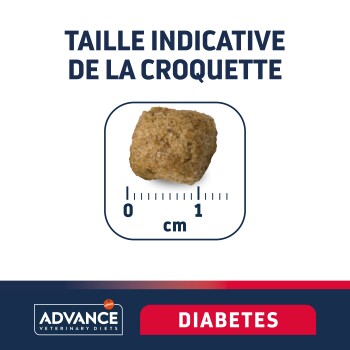 Image d'une seule croquette pour animaux de compagnie avec une règle indiquant sa taille, étiquetée "Taille indicative de la croquette" et "DIABÈTE" en bas.