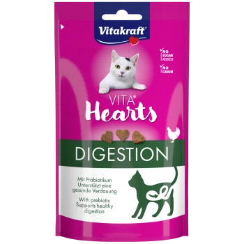 Vitakraft Vita Hearts Digestion Katzensnacks mit Präbiotikum, ohne Zucker, ohne Getreide, unterstützt gesunde Verdauung, rosa Verpackung mit weißem Katzenbild.