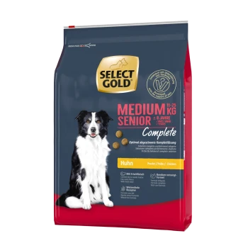 Select Gold Medium Senior Hundefutterbeutel, 11-25 kg, mit einer schwarz-weißen Hundesilhouette, beschriftet mit 'Vollständig' und Huhn als Hauptzutat.