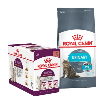 Produits alimentaires pour animaux de compagnie Royal Canin comprenant une boîte de 12 sachets sensoriels et un sac de nourriture sèche pour soins urinaires, mettant en avant la nutrition pour la santé féline.