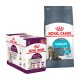 Produits alimentaires pour animaux de compagnie Royal Canin comprenant une boîte de 12 sachets sensoriels et un sac de nourriture sèche pour soins urinaires, mettant en avant la nutrition pour la santé féline.